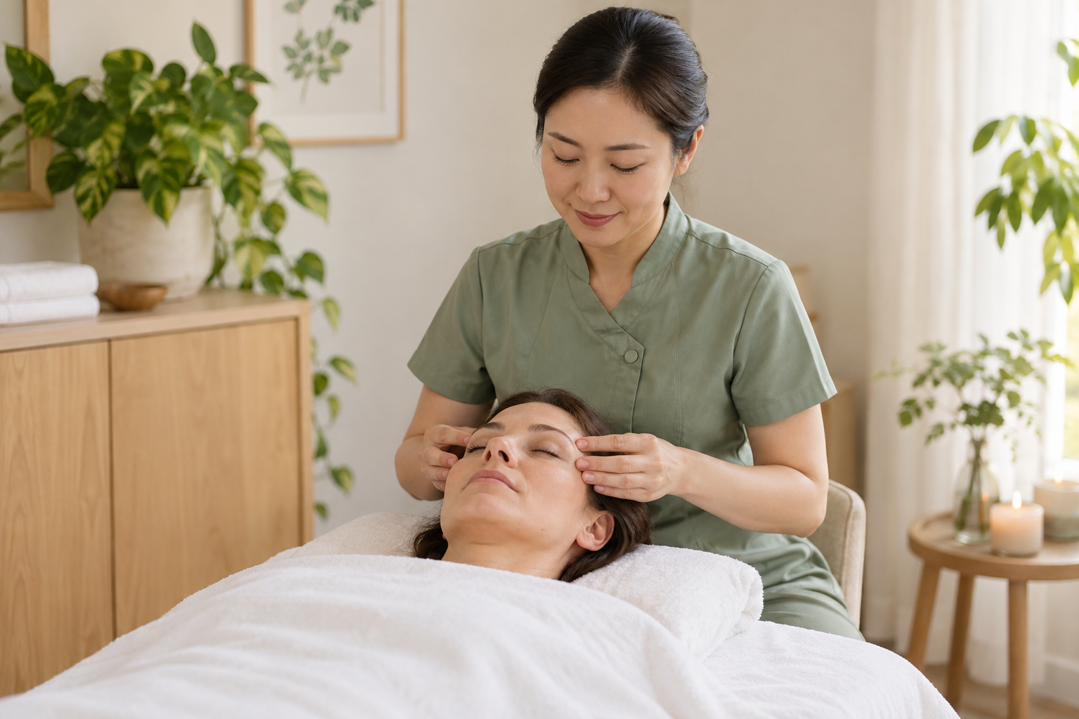 Sanfte Massage im Bereich Stirn und Schläfen – KI-generierte Symbolabbildung