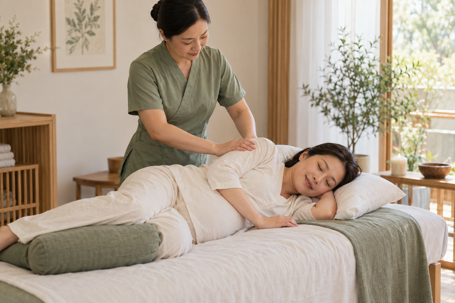 Schwangere Kundin bei einer sanften Massage – KI-generierte Symbolabbildung