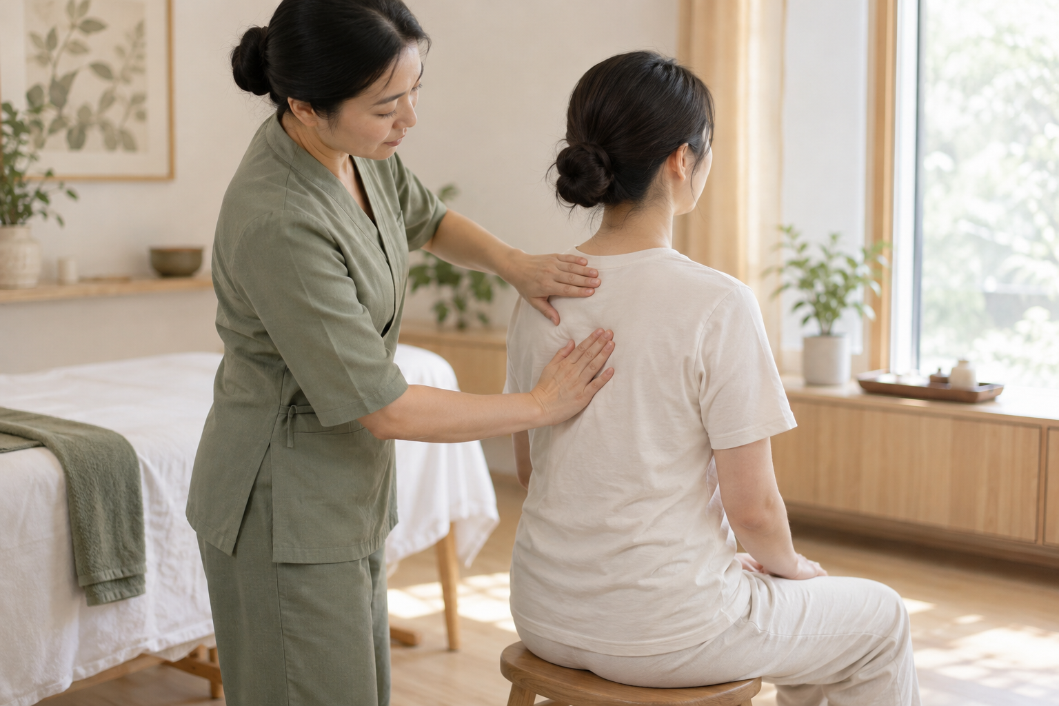 Behutsame Massage bei bekleideter Kundin – KI-generierte Symbolabbildung, keine Darstellung einer Skoliosebehandlung